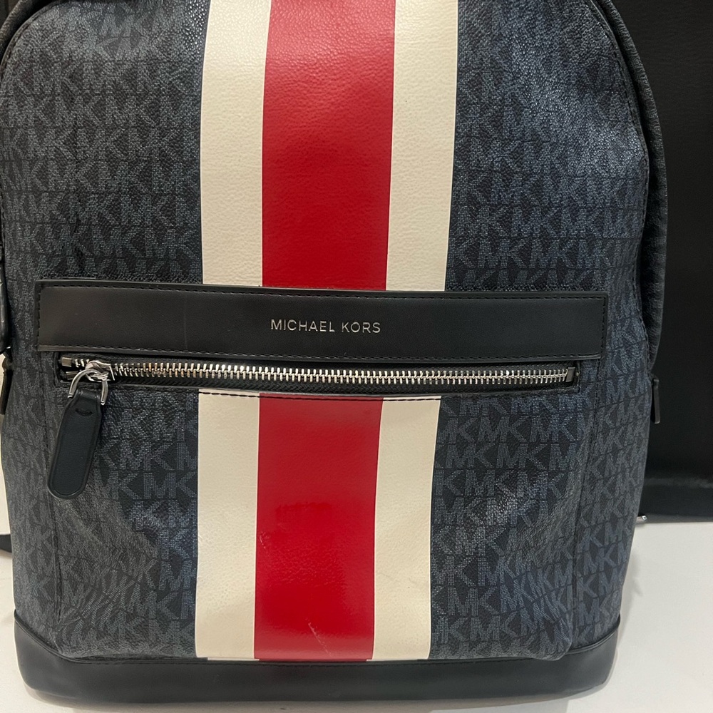 Michael Kors Navy Varsity Stripe Cooper Backpack with Red and Cream Stripes